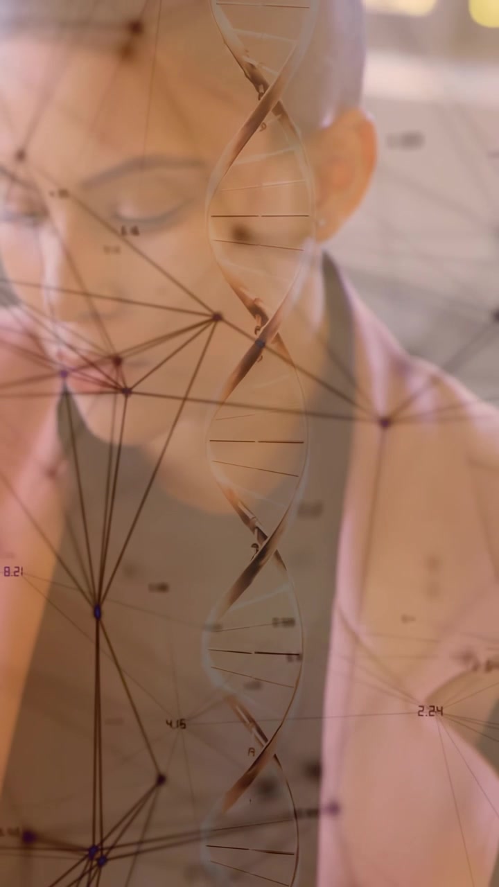 Woman reaching laptop, leaning and reviewing health data with DNA helix marking nodes around her