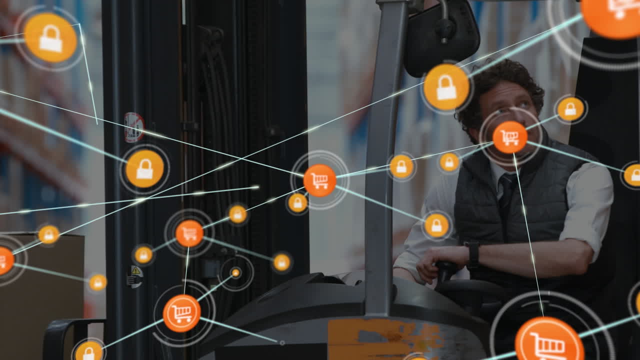 animación de la red de conexiones con iconos sobre el hombre que trabaja en el almacén