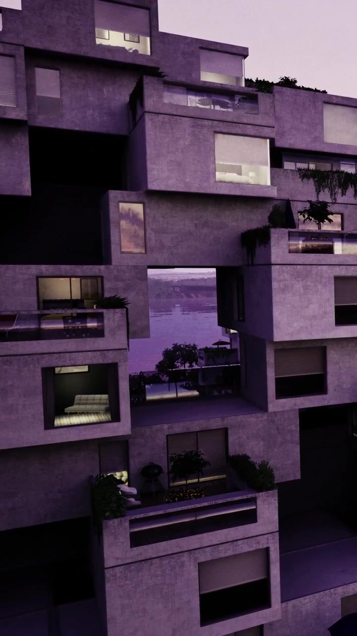 Moderne arkitekturtårne rejser sig over rolige vande i skumringen i levende farver.