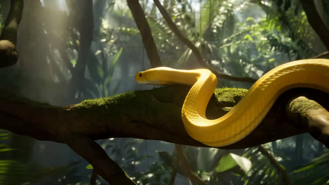 Serpente giallo adagiato su un ramo d'albero muschioso in una giungla lussureggiante