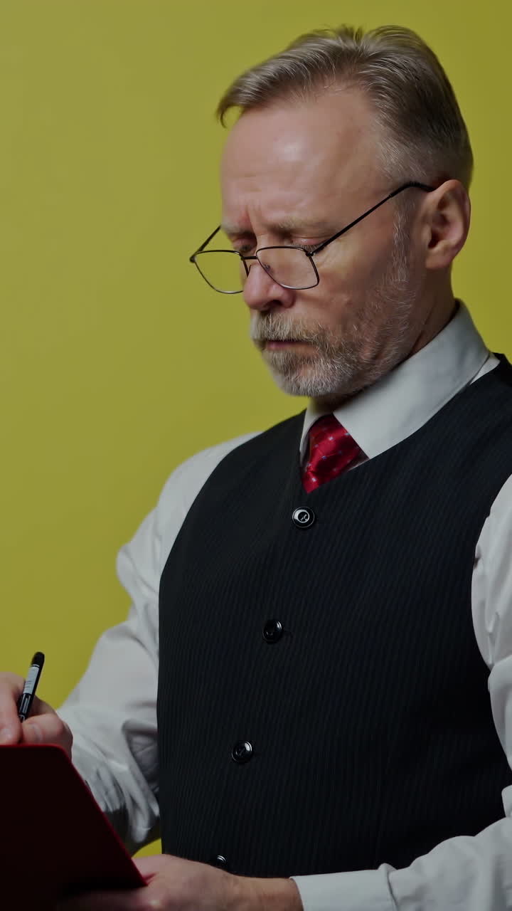 Portrait of serious grey-haired man with a folder. Senior man in glasses in suit writing on a folder. Old man expresses different facial emotions on yellow background. Vertical video