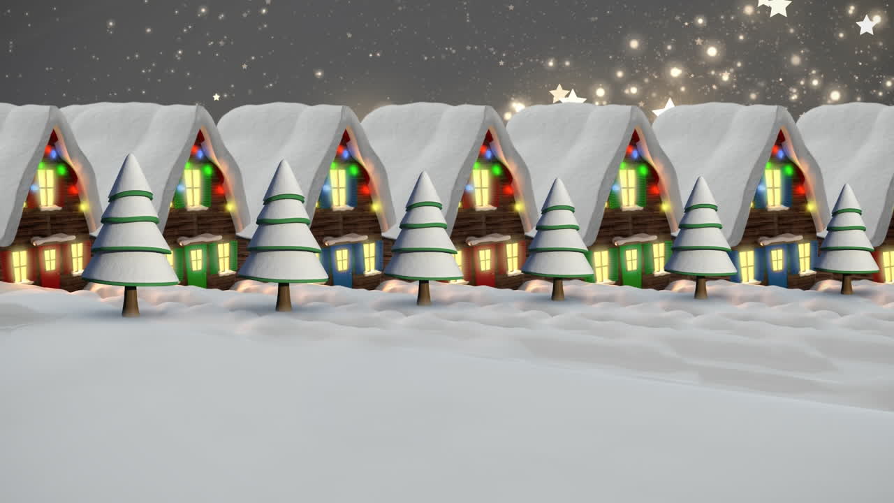 요정의 불빛으로 집 위에 내리는 눈의 애니메이션