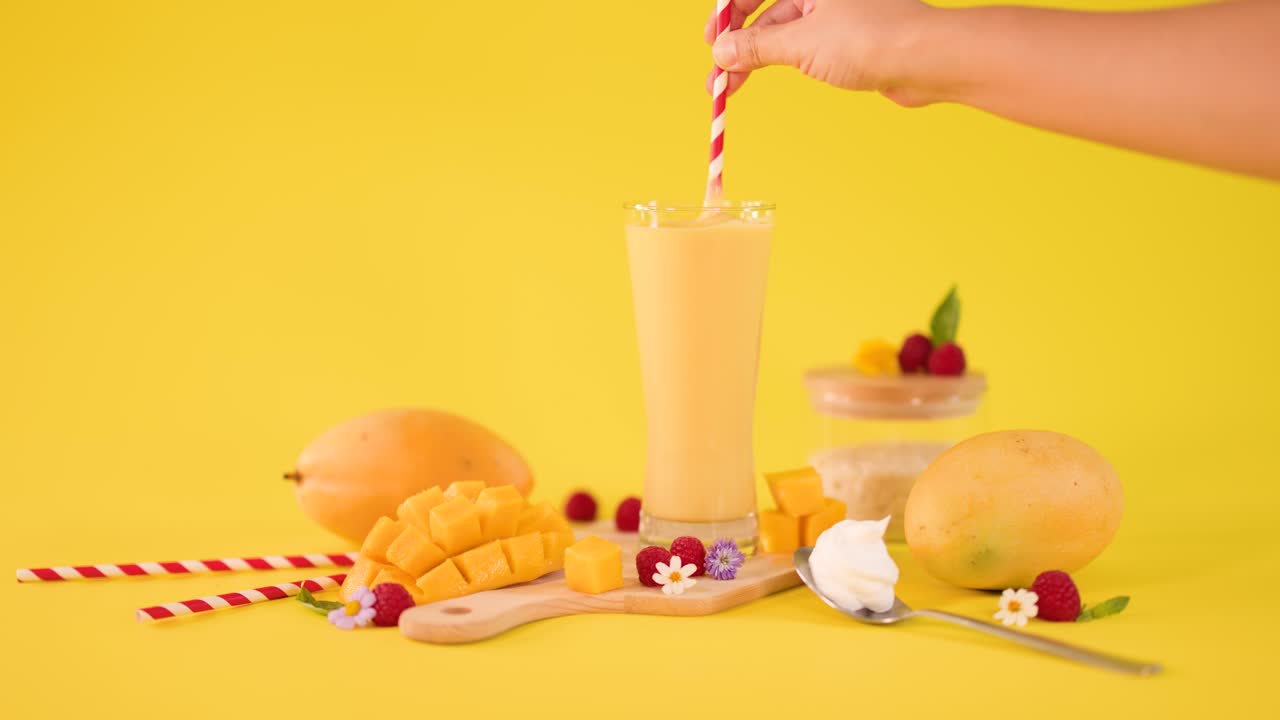 Una mano mescola un denso frullato di mango tra frutta tropicale fresca su uno sfondo giallo brillante