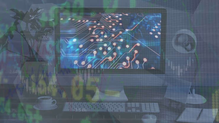 Animation of stock market data processing over microprocessor connections on computer screen