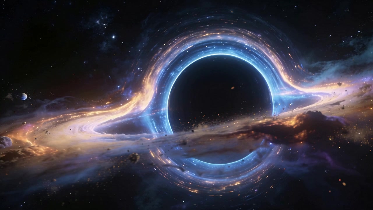 Rotating black hole showing gas shifting and dust lane moving across blue ring due to gravity