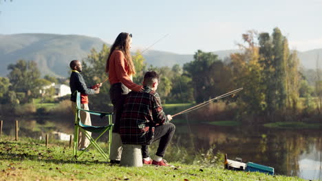 fishing, lake and friends in nature on camping