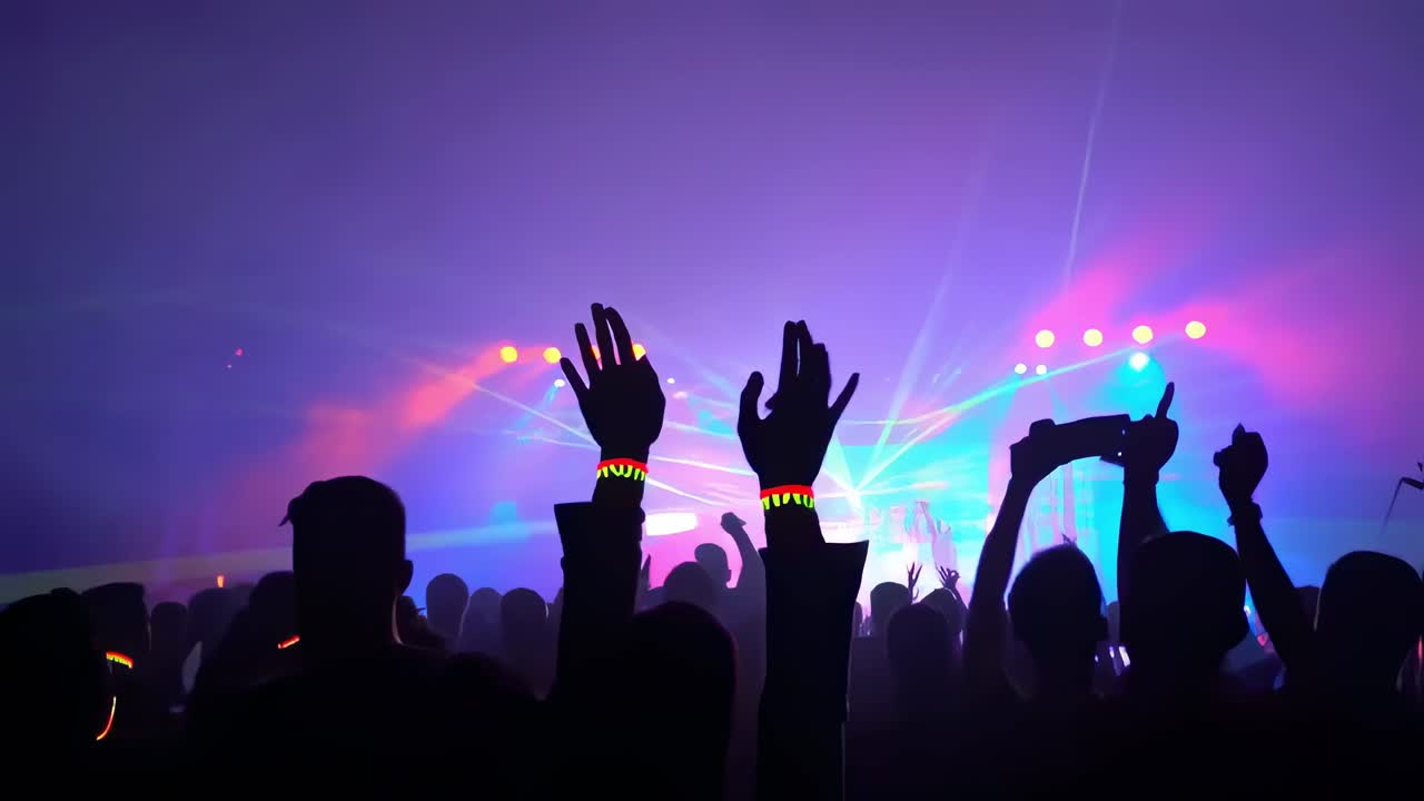 Silhouetted fans waving hands adorned with glowing bracelets and capturing video during an electrifying live performance at a vibrant music concert, radiating energy and excitement