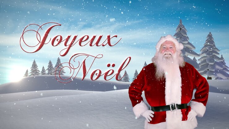 Le Père Noël présentant un message de Noël devant une forêt de sapins enneigée