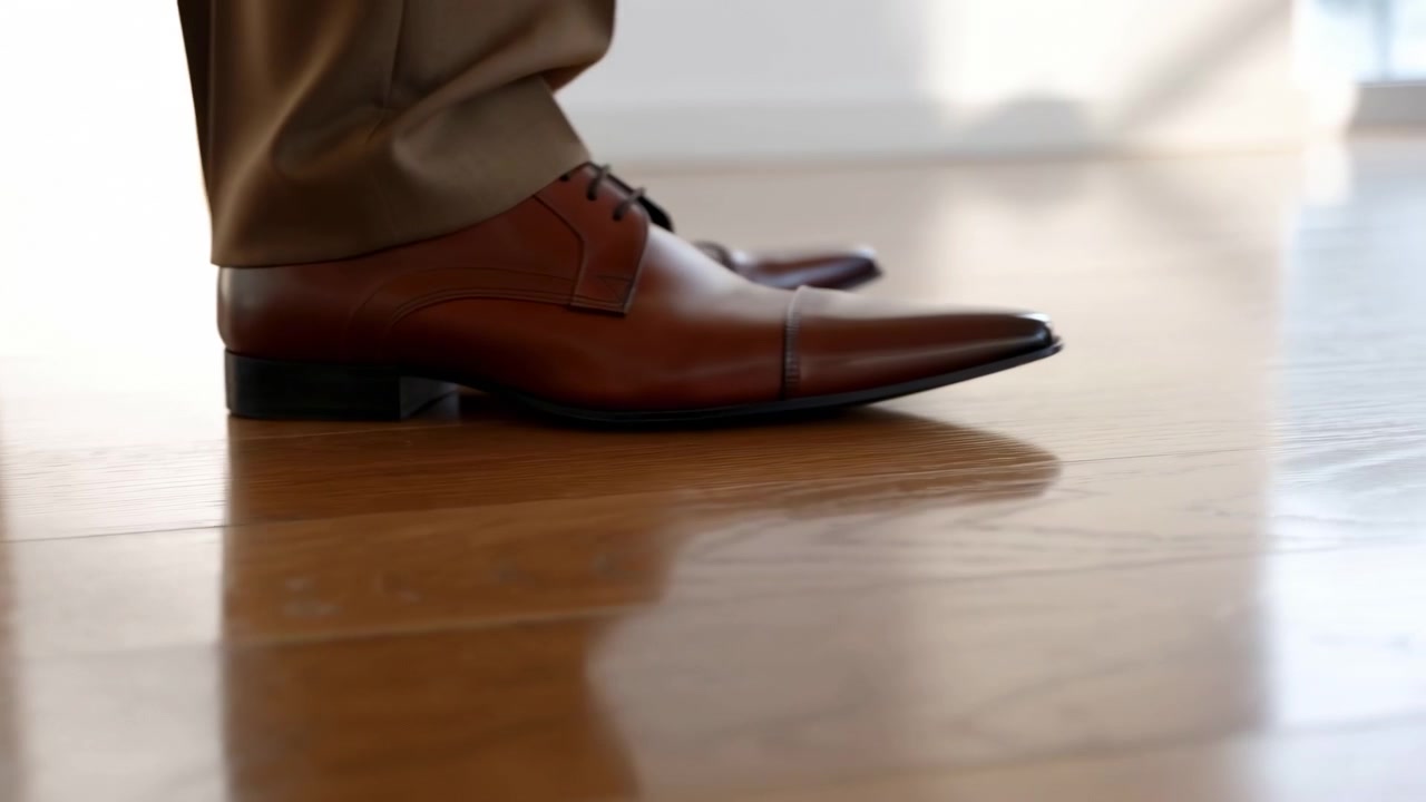 A man is seen putting on brown leather dress shoes in an indoor setting with natural light and a wooden floor. The scene is captured in a close-up shot focusing on the man's feet, creatinga.