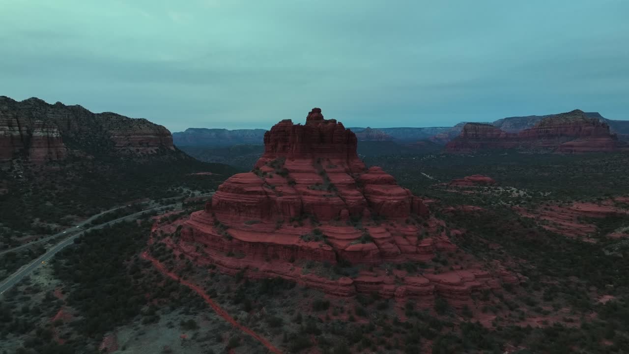 Red Stone Landscape, Bell Rock In Sedona, Arizona At Sunset - aerial shot
