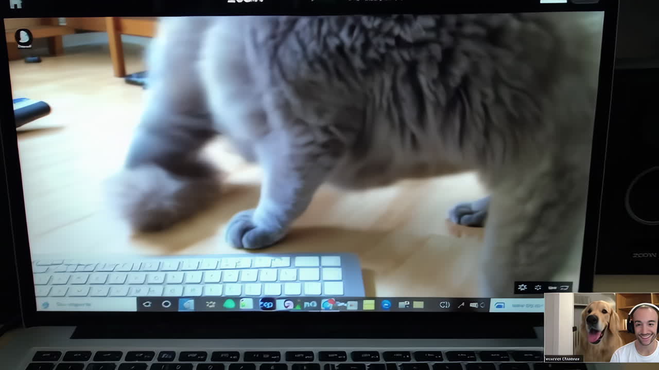 Pets video chatting on a laptop