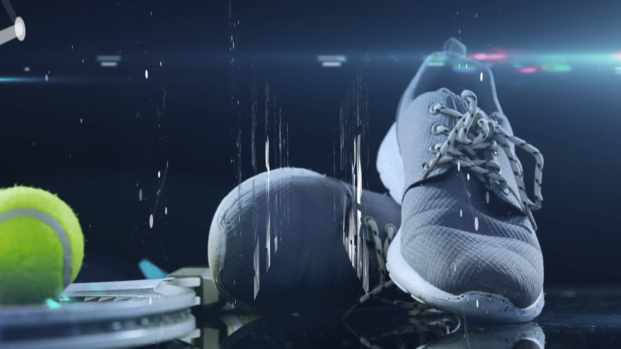 animación de la red de conexiones con iconos sobre zapatillas de tenis y pelota