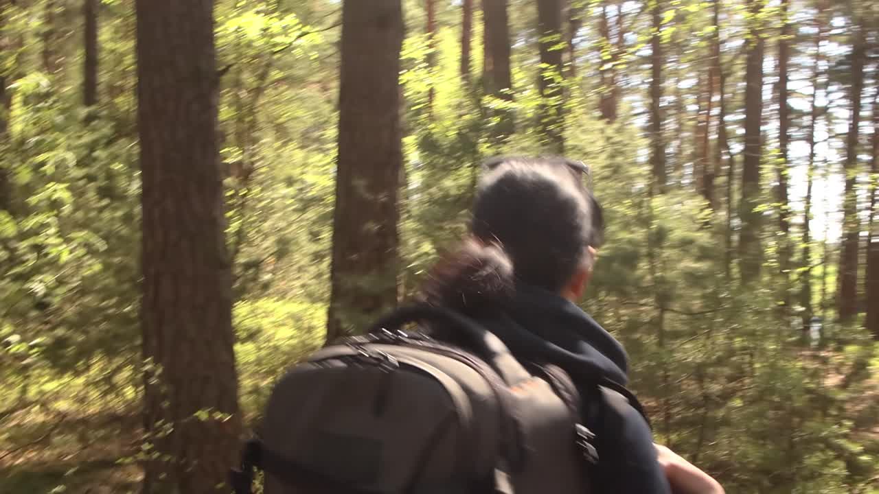 Premium stock video - Hiking woman walk with a hiking backpack in ...