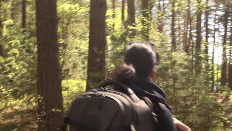 Hiking-woman-walk-with-a-hiking-backpack-in-spring-green-forest