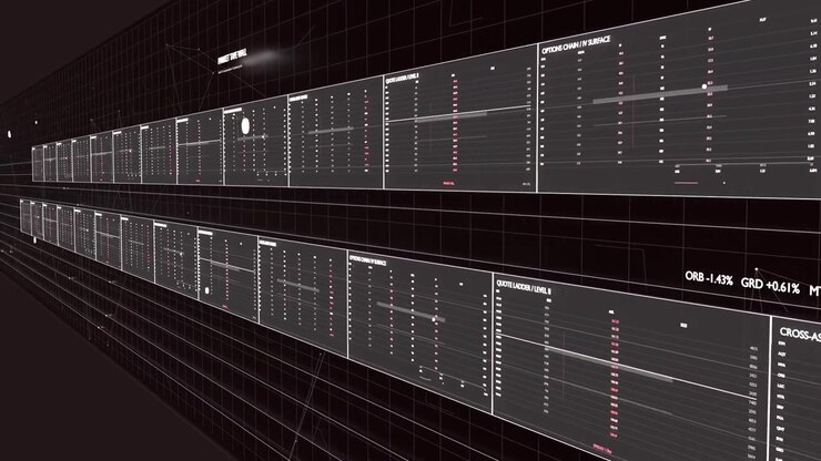 Sliding camera revealing twin panel rows on dark grid, ticker updating, cursors highlighting data
