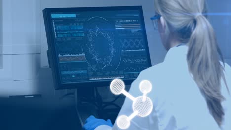 animation of molecules over caucasian female scientists using computer in lab