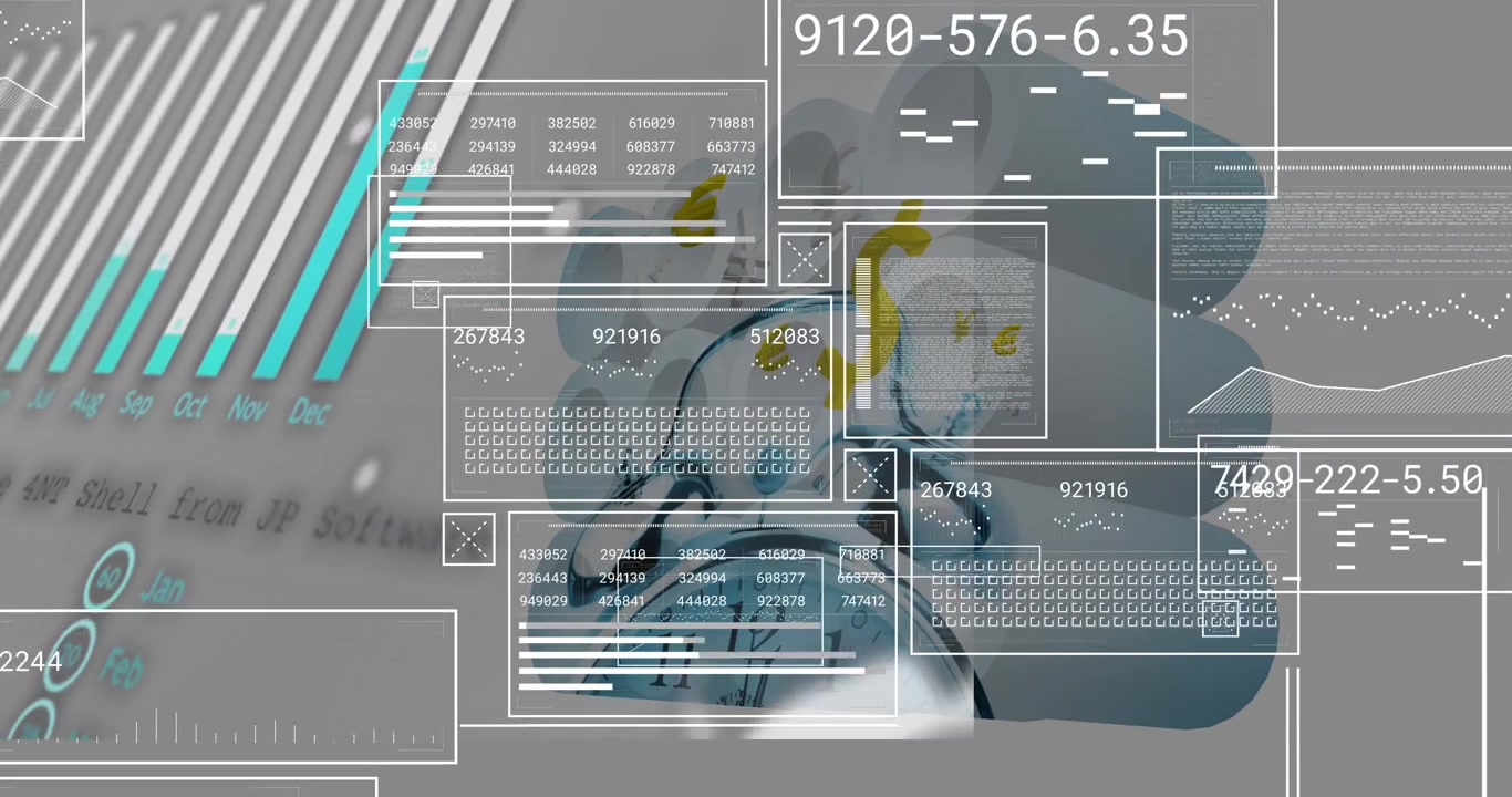 Hand entering from right starting HUD buildup, alarm clock receiving stacked charts for analysis