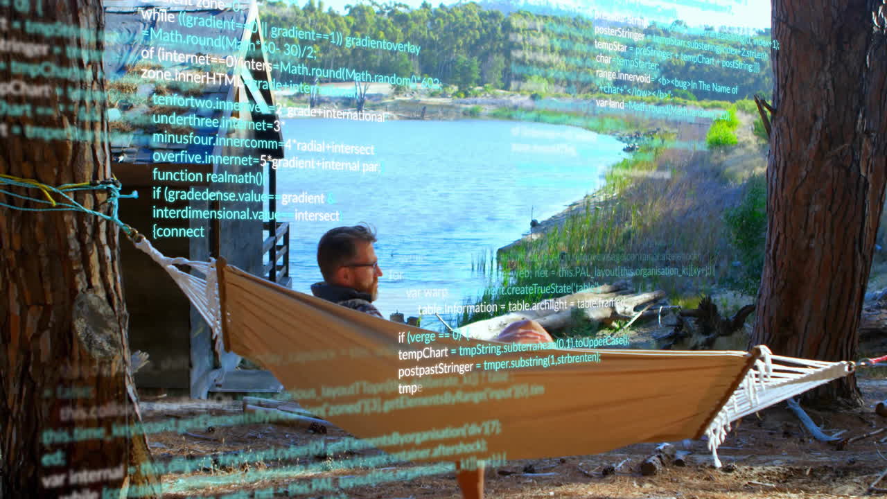 Man relaxing in hammock by lake with programming code overlay animation