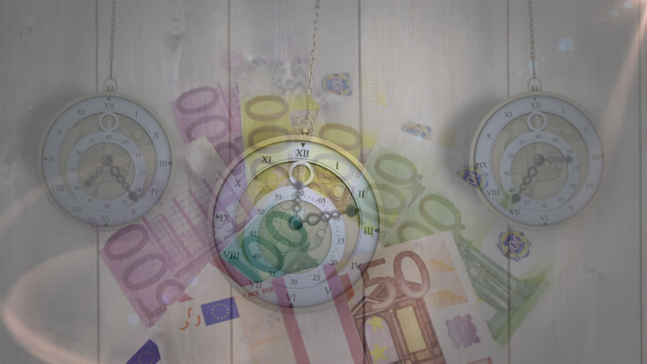 animación de relojes sobre billetes de banco