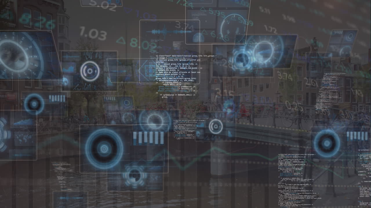 animación de escáneres redondos y procesamiento de datos contra la vista aérea del puente de la ciudad.