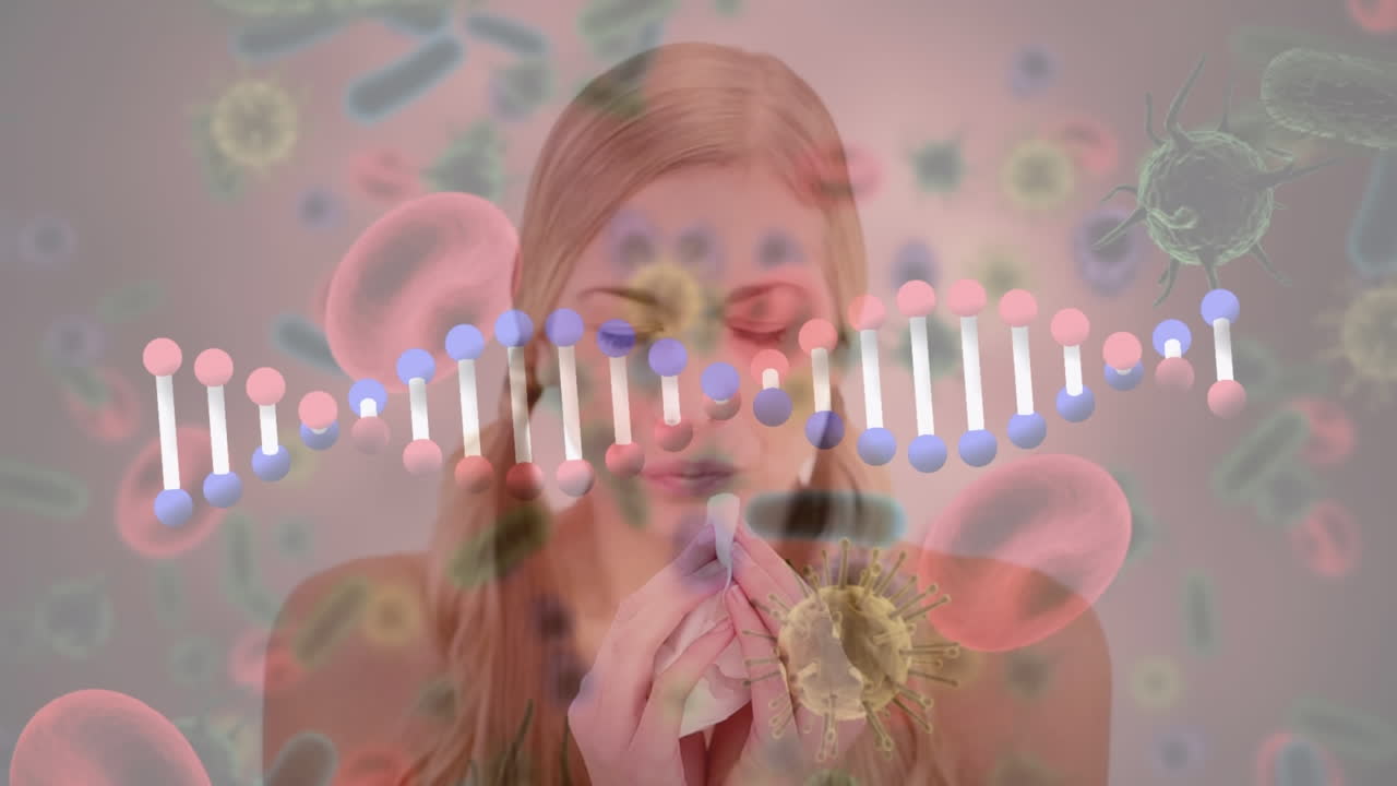 백인 여성의 dna 줄과 세포를 회전시키는 애니메이션