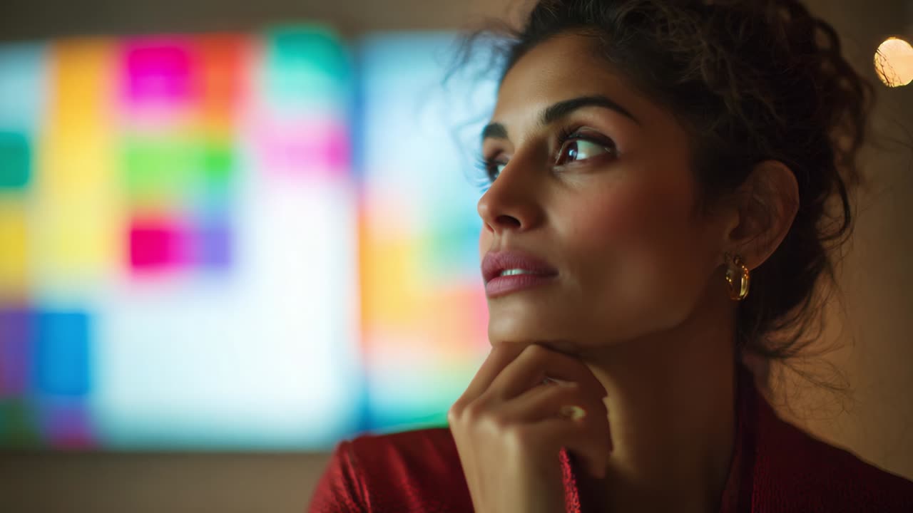 Contemplation and Elegance: A Captivating Portrait of a Thoughtful Woman Gazing Intently at Colorful Backgrounds, Highlighting Emotion and Connection in a Moment of Reflection