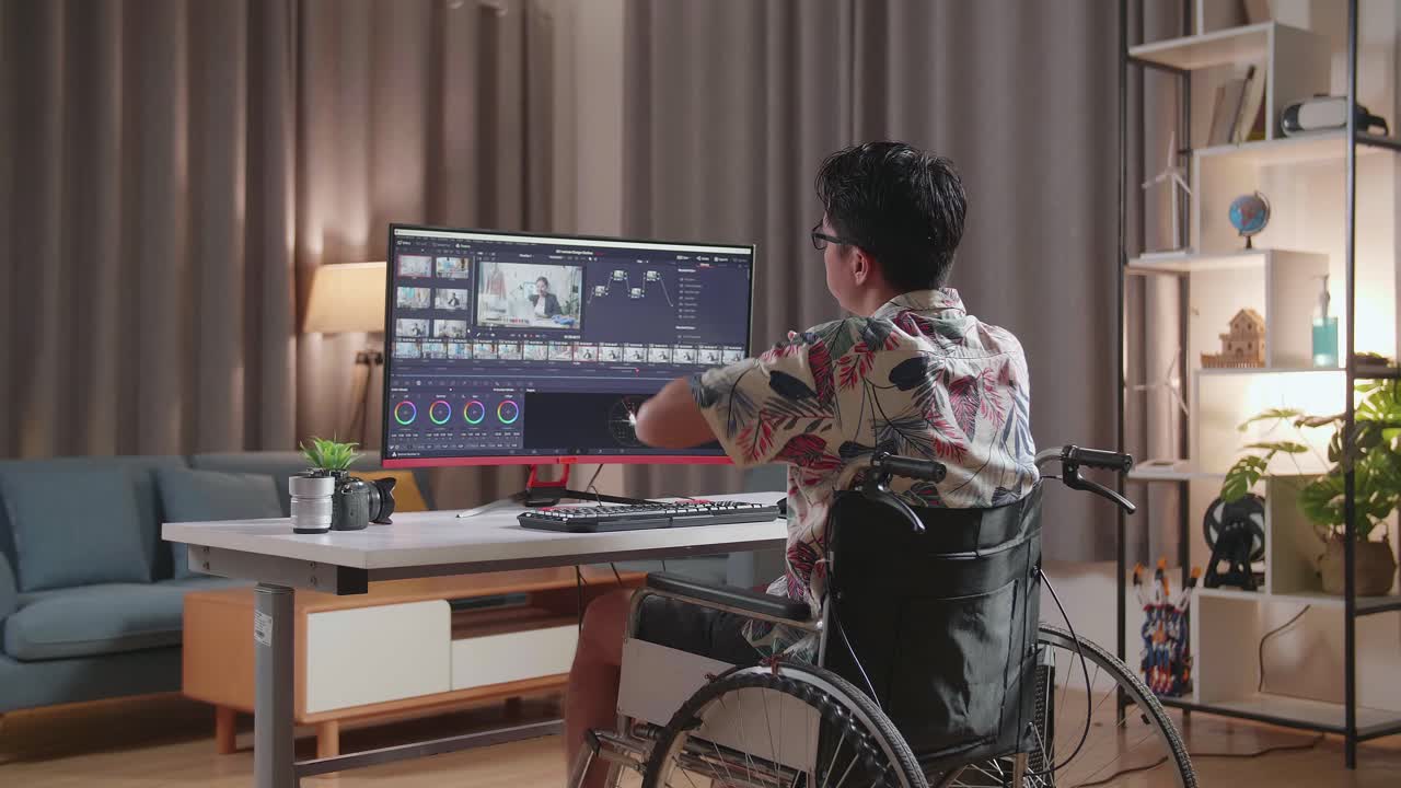 persona en silla de ruedas editando video en casa