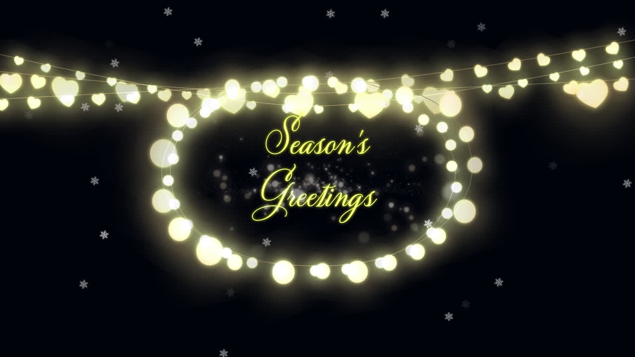 계절 인사 텍스트와 요정 빛은 검은 바탕에 반 ⁇ 이는 반점에 대해