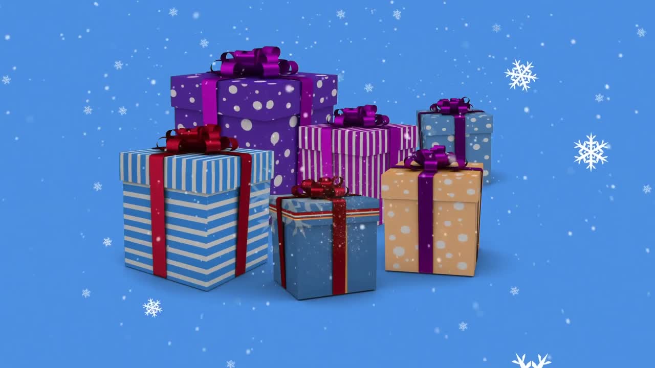 Digital animation of snow falling over multiple christmas gift boxes against blue background