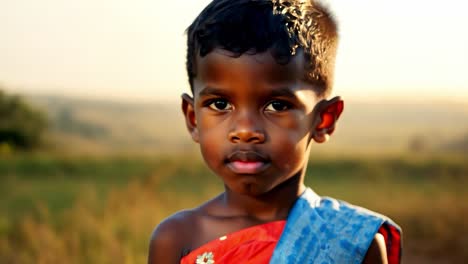 young boy in traditional clothing looking at the camera in a field at sunset