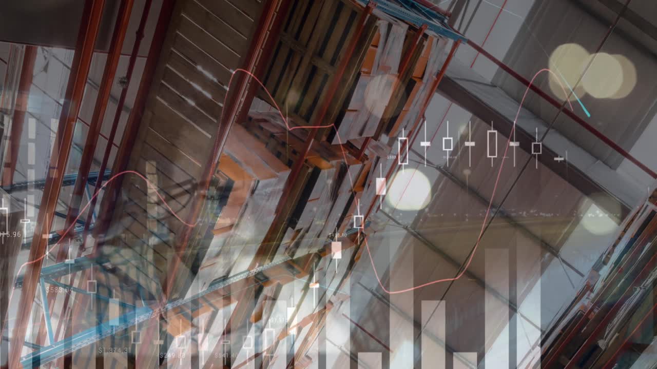 animación de procesamiento de datos financieros y hombre caucásico sobre almacén vacío