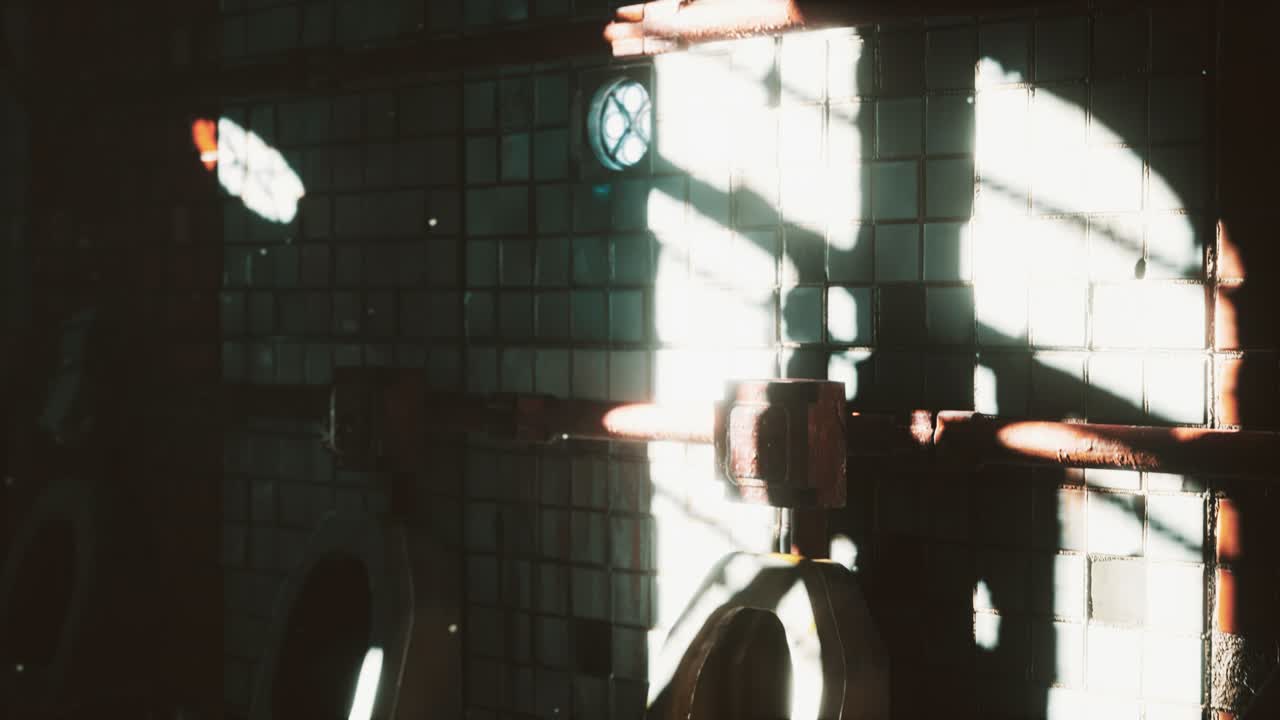 заброшенный старый общественный туалет с яркими огнями