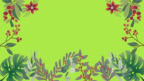 animation de feuillage, de baies et de fleurs encadrant l'espace de copie sur un fond vert clair