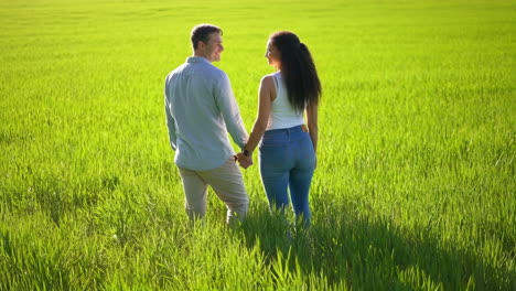 couple holding hands in a vast green field
