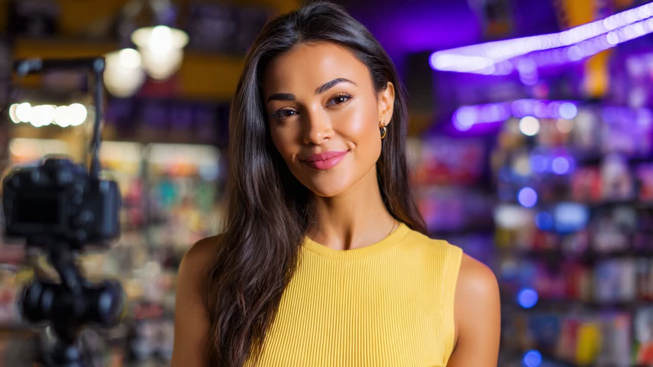 A Confident Young Woman Engaged in a Video Presentation, Captured in Two Different Frames, Highlighting the Transformation from a Cheerful Smile to a Focused Expression, All in a Dynamic Studio Setting
