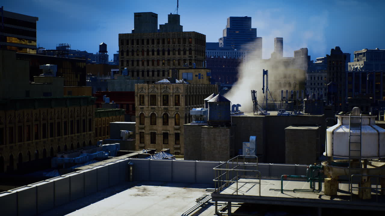 Urban skyline with buildings and steam rising at midday