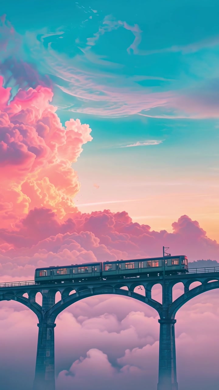 Treno pendolare che attraversa un ponte sopra le nuvole al tramonto.
