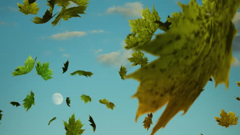 animación de hojas de otoño cayendo sobre el cielo con nubes y luna.