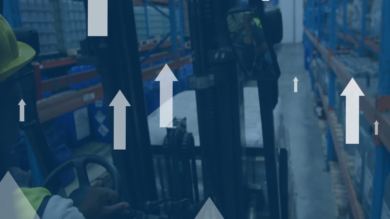 Animation of digital data processing over man working in warehouse