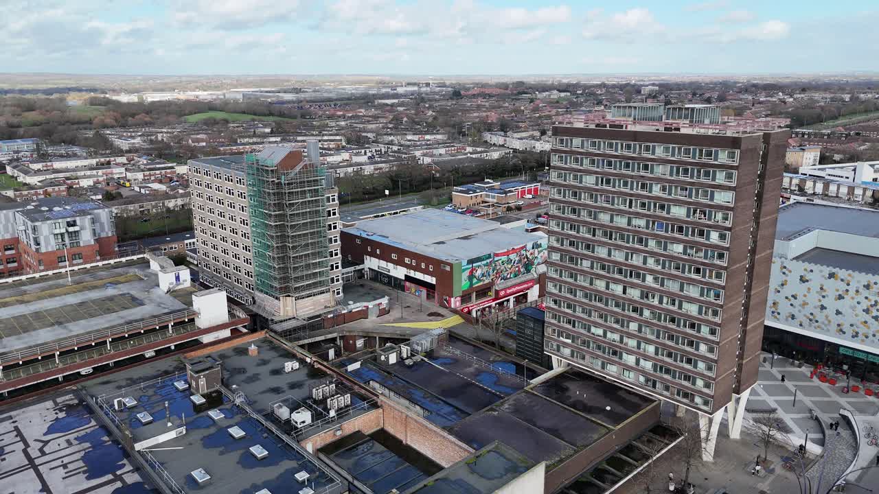 High rise apartment blocks Basildon Town centre Essex UK drone,aerial
