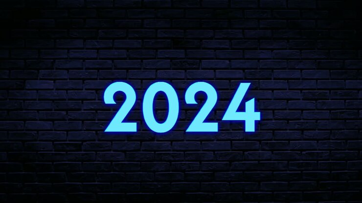 Animazione grafica in movimento al neon del numero blu 2024 su sfondo di muro di mattoni.