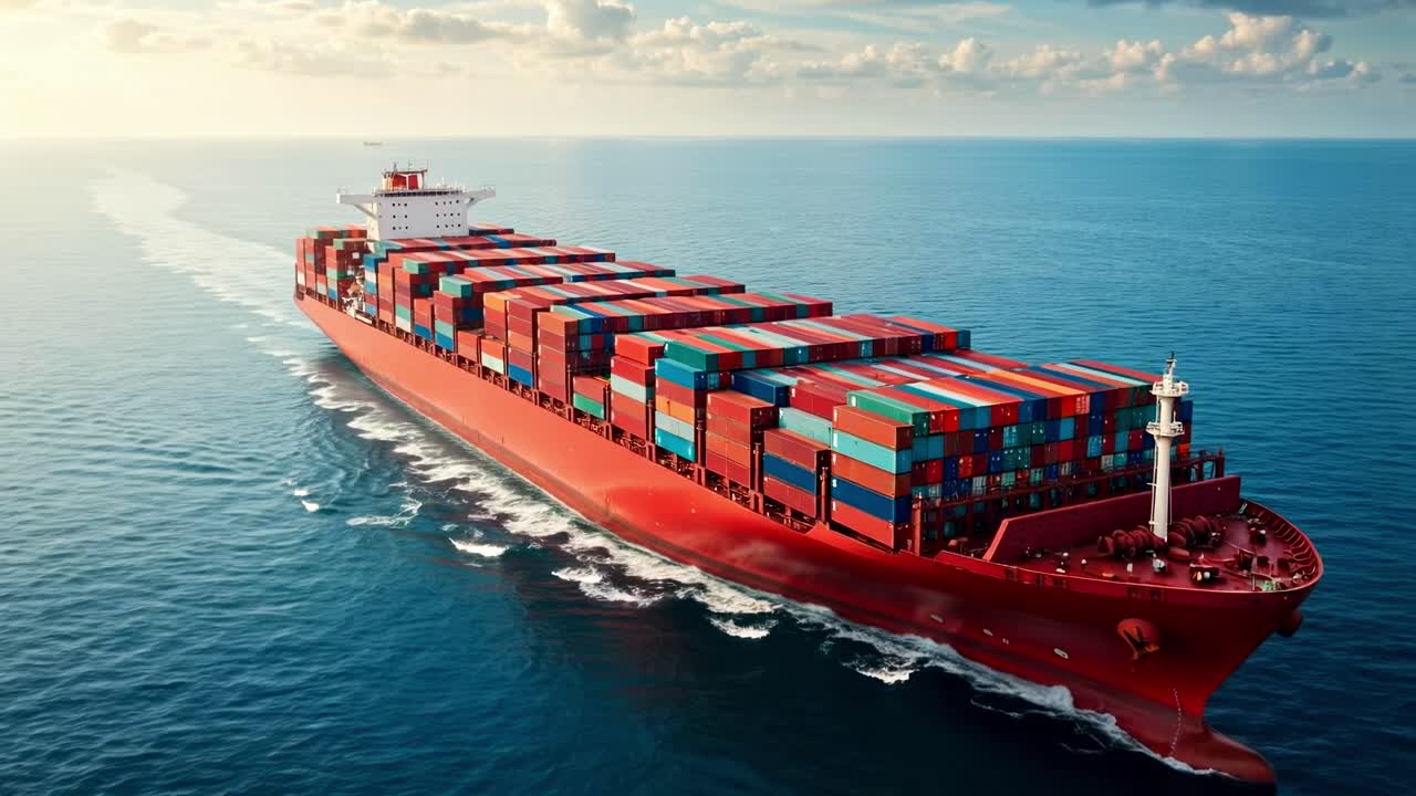 Container ship navigates open waters under bright sky with cargo stacked high, showcasing maritime trade and transportation