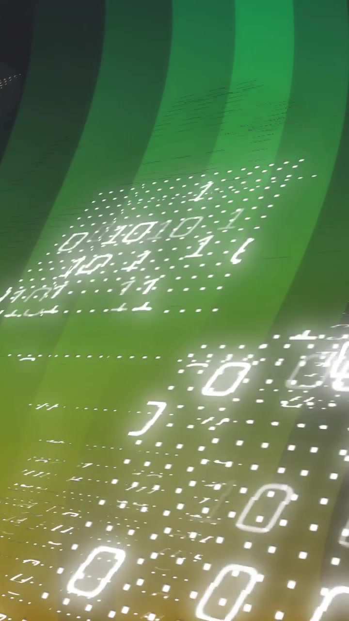 Binary code and data streams animation over green and yellow gradient background
