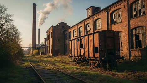 abandoned industrial site with rusty train car and smokestack, capturing the decay of a once-bustling manufacturing area under a golden sunset