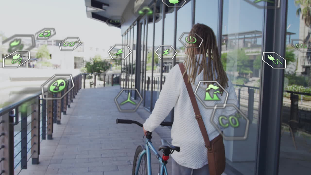 Person walking with bicycle, surrounded by eco-friendly technology icons animation
