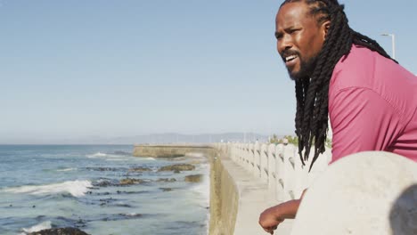 video of african american man looking at sea on sunny day