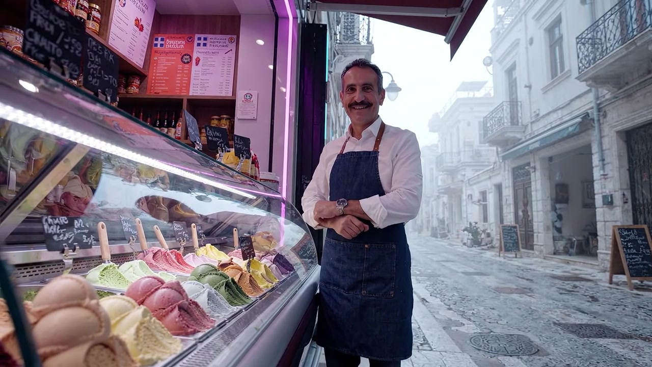 Un Allegro Gelataio Si Erge Orgogliosamente Davanti a un Vivace Espositore di Gelato su una Strada Nebbiosa, Pronto a Servire Deliziose Prelibatezze Ghiacciate ai Clienti Nelle Vicinanze.