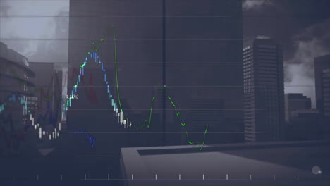 Animation-of-data-processing-and-diagrams-over-cityscape