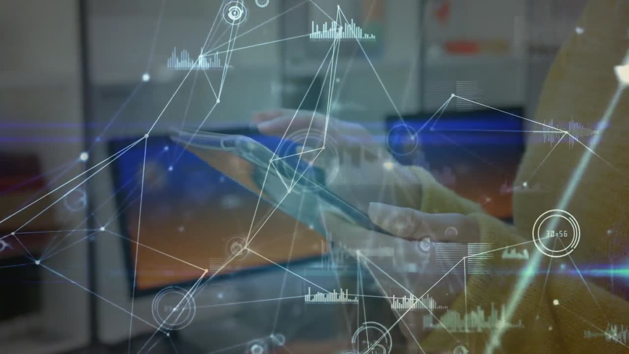 анимация сетей соединений через кавказскую учительницу с помощью планшета