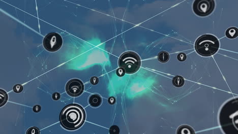 animation of network of connections with icons over sky and clouds